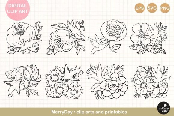 8 Cute Birds and Flowers Line Art Graphics for Illustrations