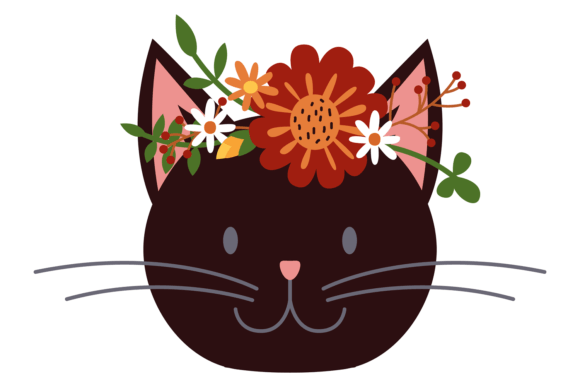 Black Cat Head in Beautiful Flowers. Dec Graphics & Illustrations