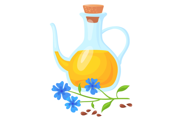 Flax Oil Jug with Flowers and Seed. Natu Graphics & Illustrations Review