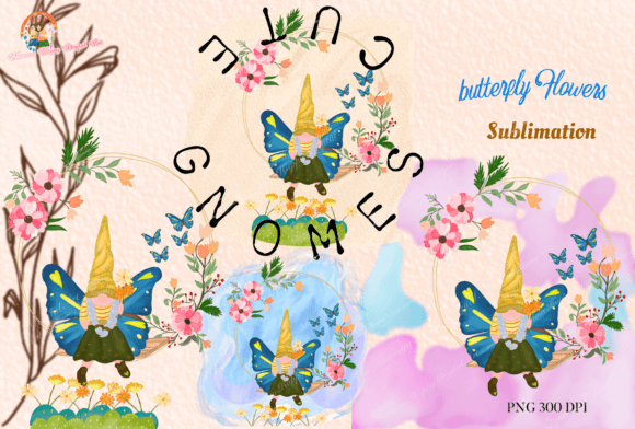 Gnomes Butterfly Flowers Sublimation Cli Graphics & Illustrations