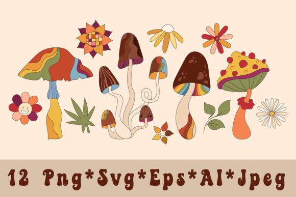 Retro Groovy Mushrooms Flowers Bundle for Graphics & Illustrations