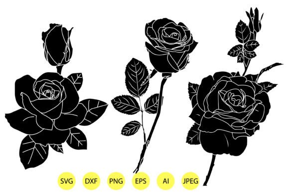 Set of Black Decorative Rose Silhouettes: Graphics and Illustrations Review