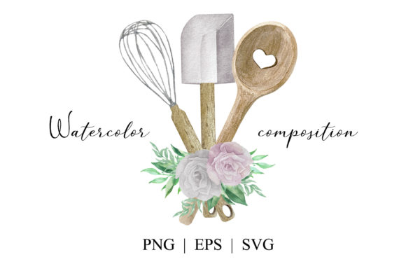 Watercolor Baking Utensils with Flowers Graphics and Illustrations